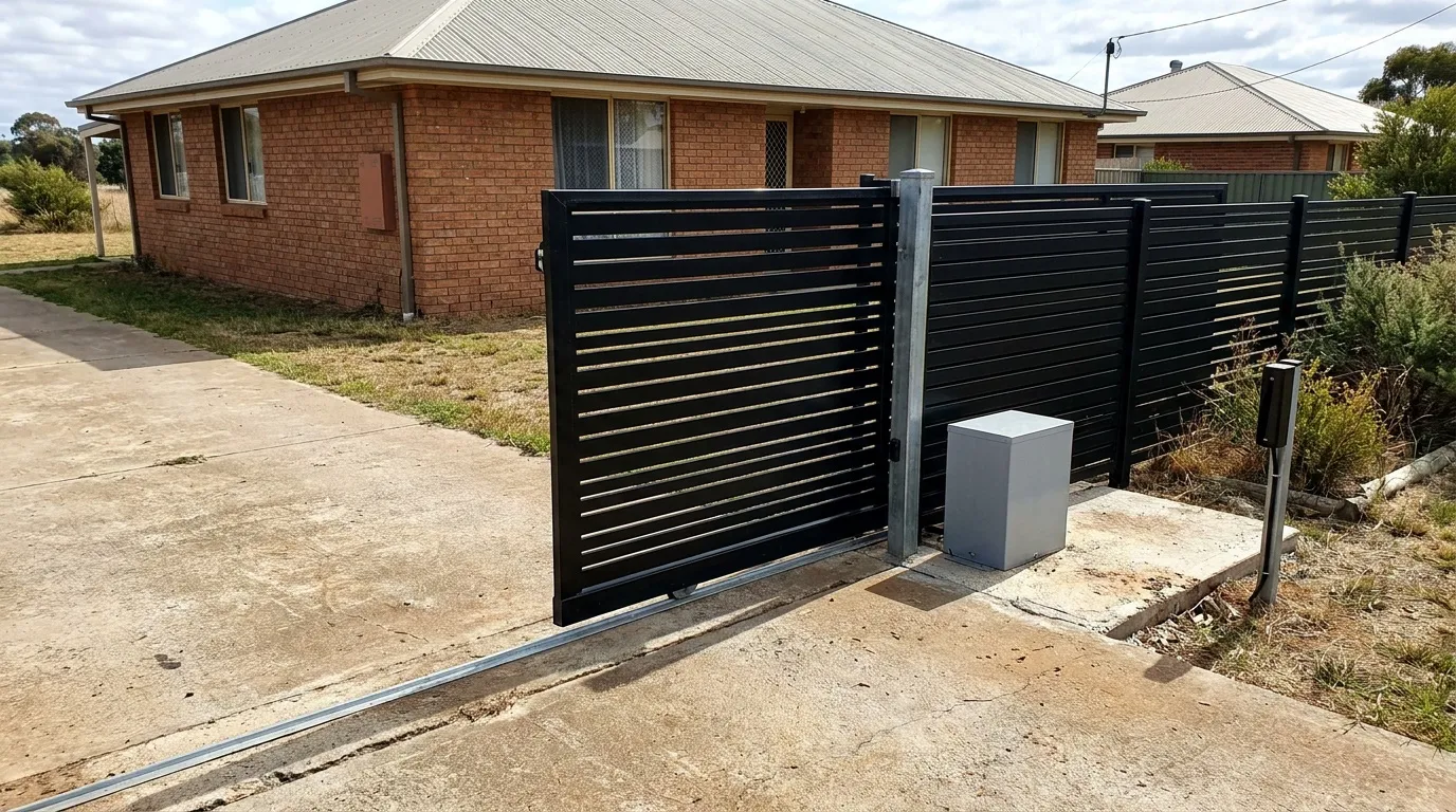 Black aluminium slat automatic sliding gate with a gate motor beside the driveway