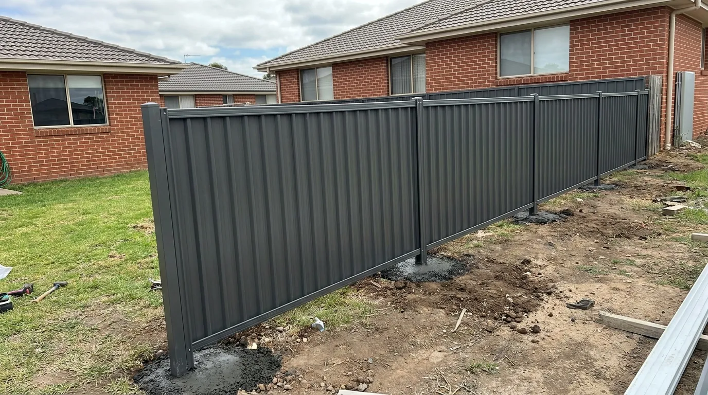 Freshly built Colorbond boundary fence with concreted steel posts