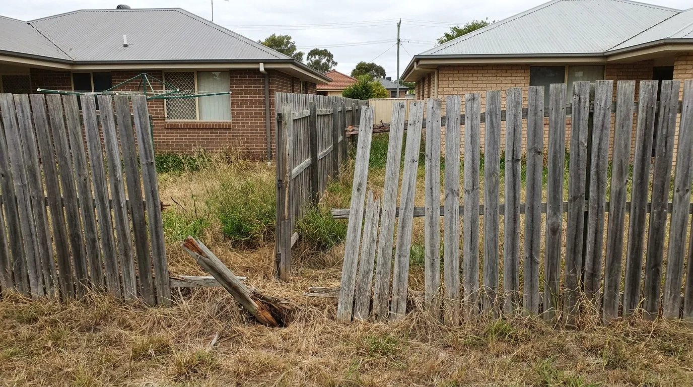 Old weathered timber paling fence leaning with a broken post