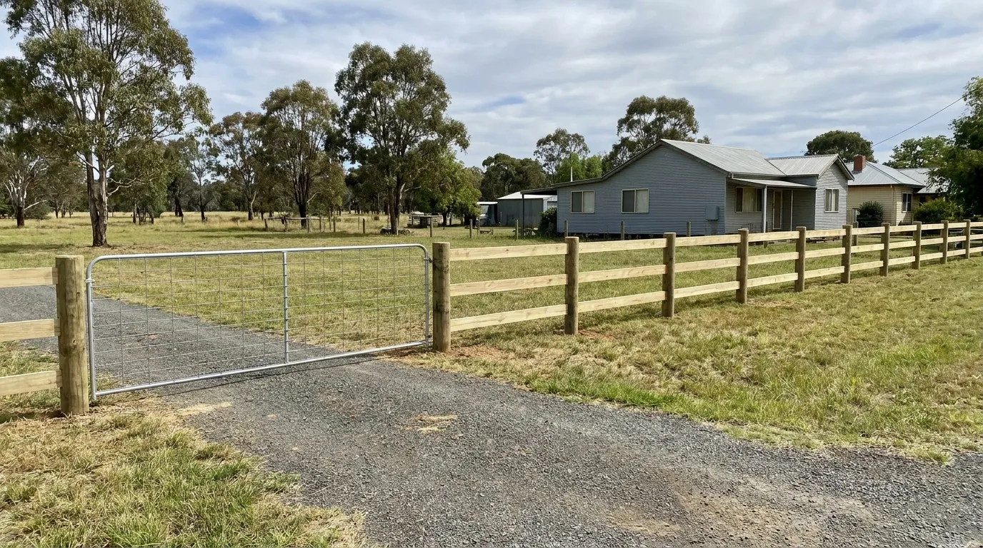 Timber post and rail fence with a farm gate at the front of a rural property