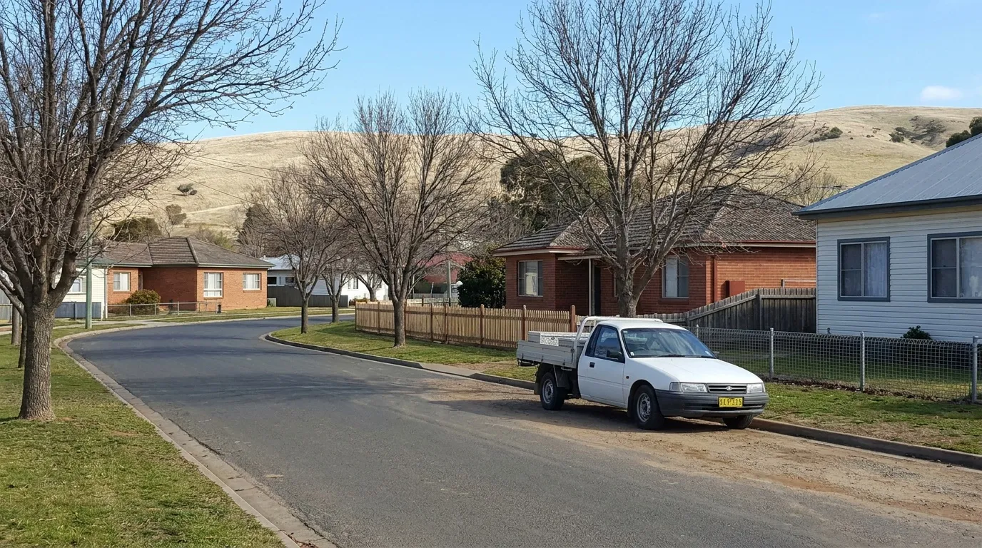 Quiet residential street with bare winter trees and low front fences
