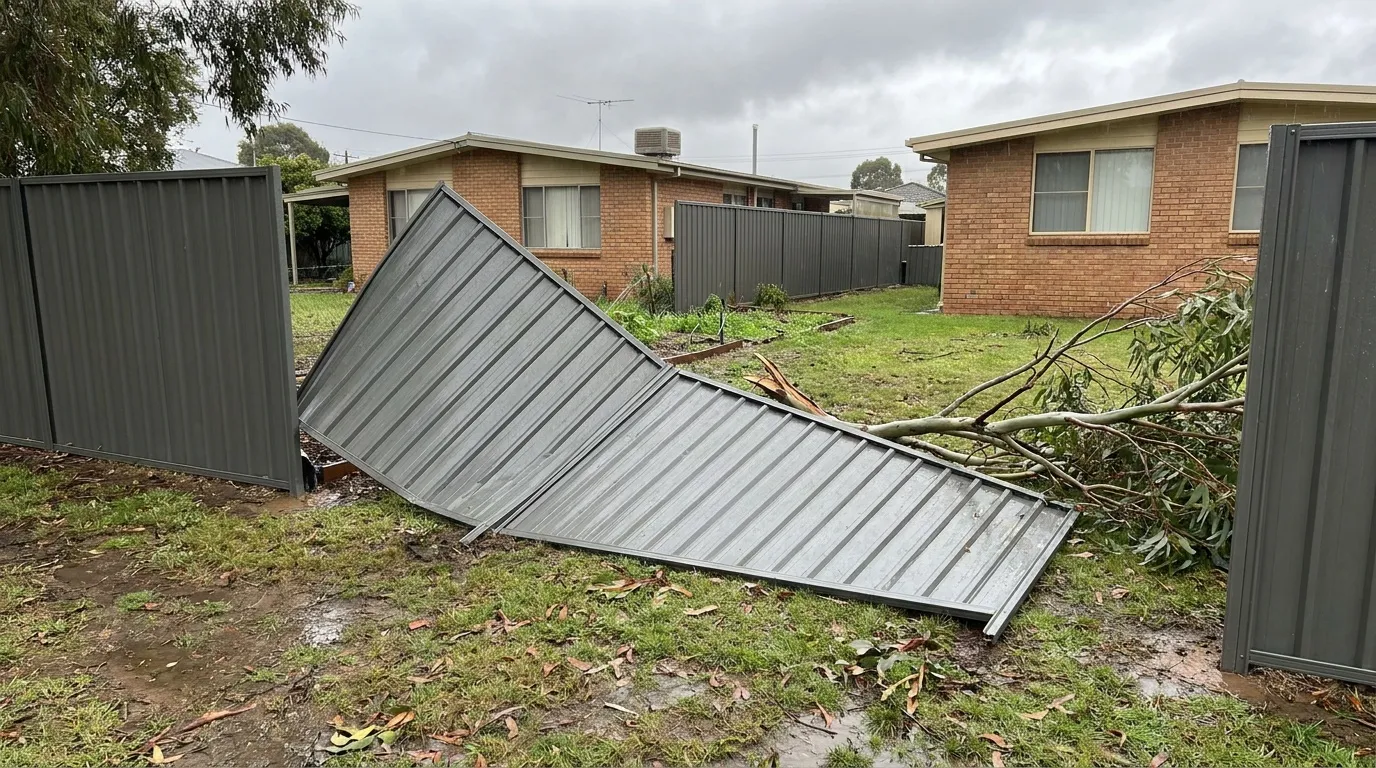 Colorbond fence panels blown over after a storm with a fallen branch